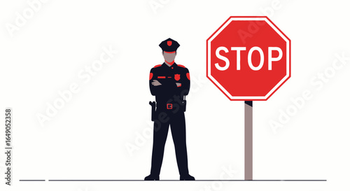 Policeman Stands Guard Beside Stop Sign Enforcing Law And Keeping Order