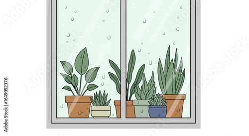Potted Plants Displayed By The Window On A Rainy Day Creating Cozy Indoor Feeling