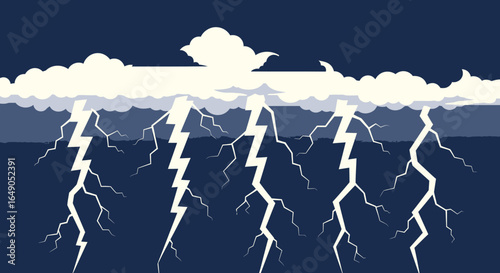 Powerful Lightning Storm Vector Illustration in Blue and White Tones