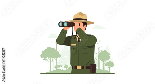 Ranger With Binoculars Observes The Wildlife In The National Park