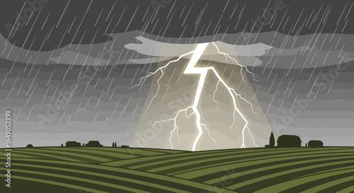 Powerful Lightning Storm Over The Countryside Fields With Heavy Rain