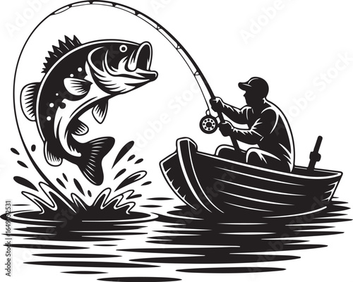 Angler battles leaping bass from bobbing boat