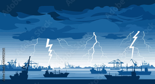 Powerful Storm Over Industrial Seaport With Cargo Ships And Dramatic Lightning Display