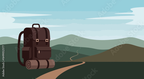 Ready For Adventure Backpack With Sleeping Pad Mountains And A Path