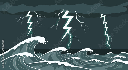 Powerful Stormy Ocean With Dark Clouds And Lightning Strikes Illustration