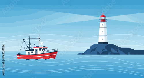 Red Fishing Boat Sailing Towards a Coastal Lighthouse in Calm Waters