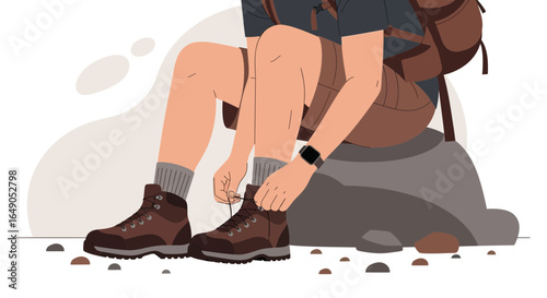 Preparing For Hike Man Tying Shoelaces On Trail Footwear Backpack And Smartwatch