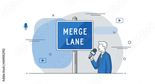 Press Conference About Company Merger on Blue Design Background