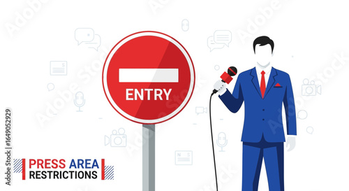 Press Conference Under Restriction Sign Illustration Depicting Censorship In Journalism