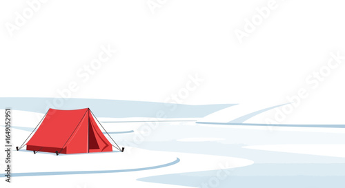 Red tent in a snowy landscape, perfect for winter camping and adventure scenes with a minimalist illustration style