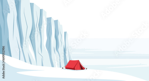 Red Tent Near Glacier At A Beautiful Winter Landscape In The Arctic
