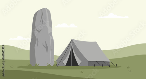 Primitive Campground Near Ancient Standing Stone Under Pale Sky Background