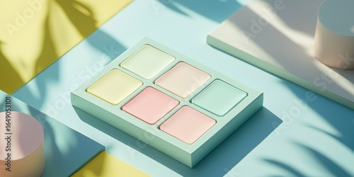 Compact pastel product, Hangul type and English micro details in daylight shot, clean surface setup Stock photo