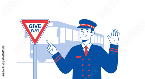 Professional Bus Driver Explaining the Traffic Regulations with Give Way Sign