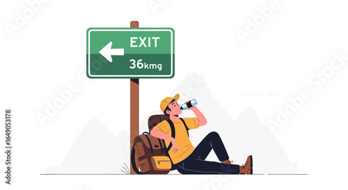 Refreshing Break Man Traveler Hydrating After Long Trekking Under Exit Sign