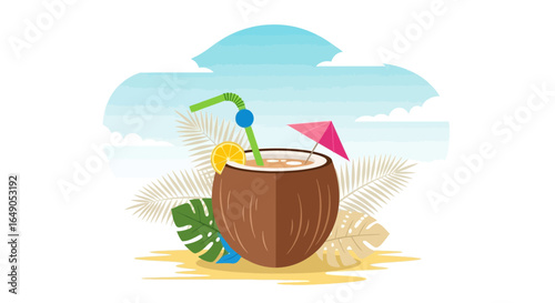 Refreshing Coconut Cocktail Illustration With Tropical Backdrop And Decorative Elements