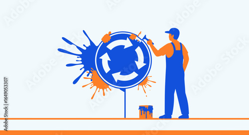 Refreshing Roundabout Road Sign Painted with Splashes for City Maintenance