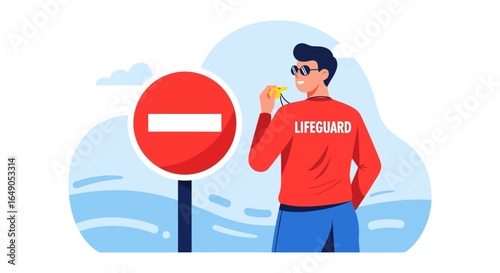 Professional Lifeguard On Duty Protecting Swimmers At Beach Safety Illustration
