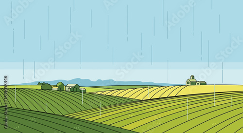 Refreshing Rainfall Over Countryside Minimalist Illustration of Agricultural Fields