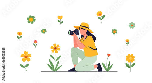 Professional Photographer Capturing Floral Beauty In A Garden Scene Illustration