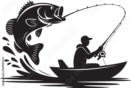 Fisherman catches big bass jumping from water in boat