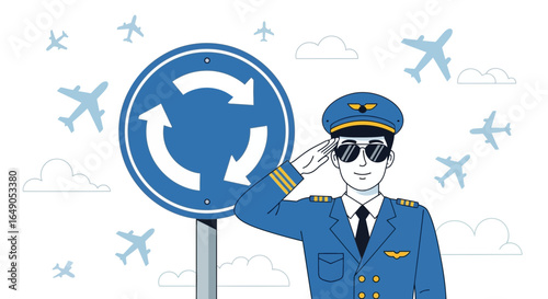 Professional Pilot Saluting By Roundabout Sign Surrounded by Airplanes Illustration