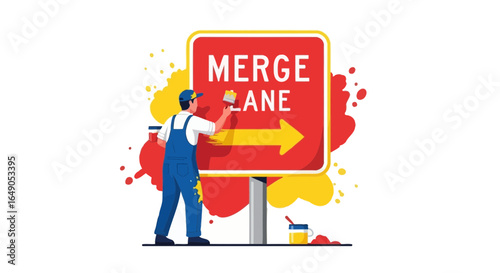 Refreshing The Cityscape Painter Restoring A Faded Merge Lane Sign With Fresh Paint