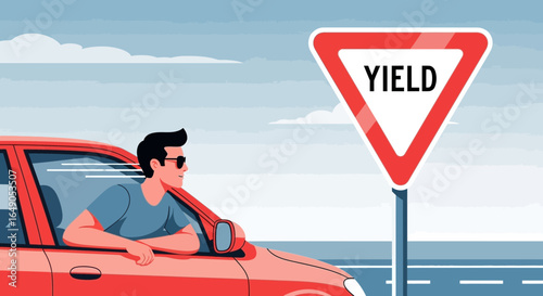 Relaxed Driver Approaching a Yield Sign on a Sunny Road Trip Adventure