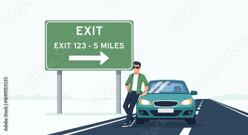 Relaxed Man Leans Against Car at Exit Sign on Highway Road Trip