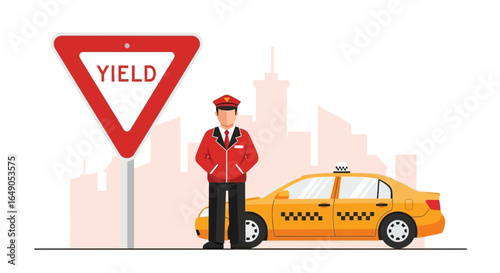 Professional Taxi Driver In Cityscape With Yield Sign Illustration