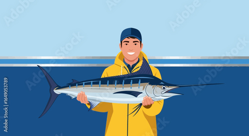 Proud Fisherman Displaying His Striking Catch of a Marlin at Sea