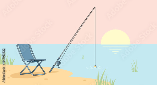 Relaxing Fishing With Empty Chair During Sunset At Serene Seaside Scene
