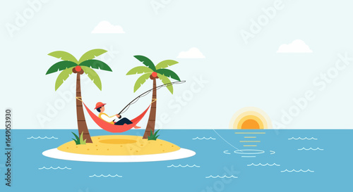 Relaxing Fishing Vacation on Tropical Island Hammock Scene with Palm Trees