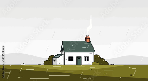 Quaint Cottage Under a Moody Sky Minimalist Illustration Countryside Aesthetic
