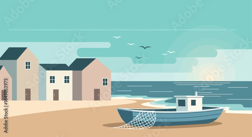 Quaint Coastal Village Scene With Fishing Boat On Shoreline Calmness