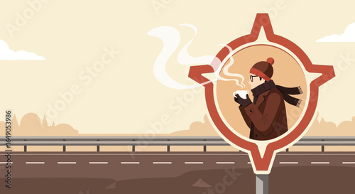 Relaxing Hot Drink At Cold Season Roadside Stop With Minimalist Style