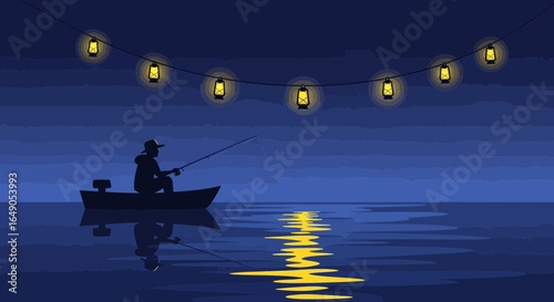 Quiet Evening Angling Silhouette Under Glowing Lanterns Calm Water Reflection