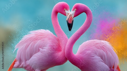 Two pink flamingos are standing next to each other with their beaks touching. Concept of love and affection between the two birds