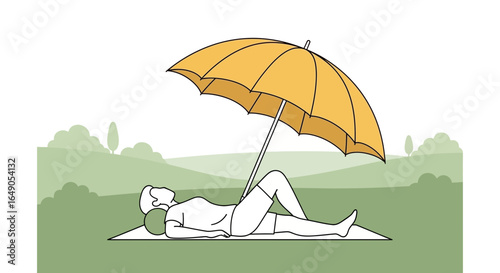 Relaxing Moment Under Umbrella In Nature Outdoors On Summer Day