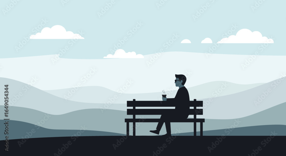 Fototapeta premium Relaxing Silhouette Of Person Drinking Coffee On Park Bench Outdoors