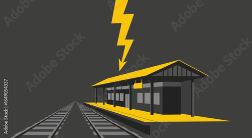 Railway Station With Dramatic Lightning Strike Illustration In Minimal Style