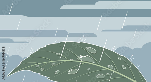 Rain Drops Fall Down On The Green Leaf Illustrative Image In Monochromatic Gray