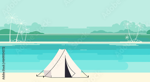 Relaxing Summer Vacation On Tropical Island With Tent And Palm Trees