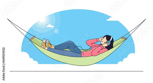 Relaxing Woman Listening Music In Hammock Under The Bright Sunny Sky