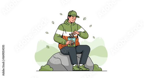 Relaxing Young Hiker Sitting on a Rock, Eating Snacks, Enjoys the Outdoors