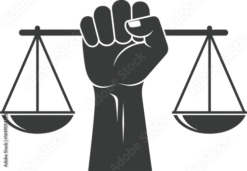 Raised fist holding scales of justice, isolated on white background, symbolizing equality and fairness