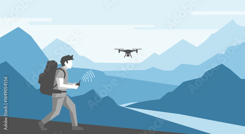 Remote Pilot Exploring The Rugged Mountain Landscape With Unmanned Aerial Vehicle