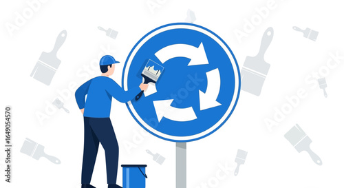 Renewal Project Worker Freshly Painting A New Roundabout Sign Illustration