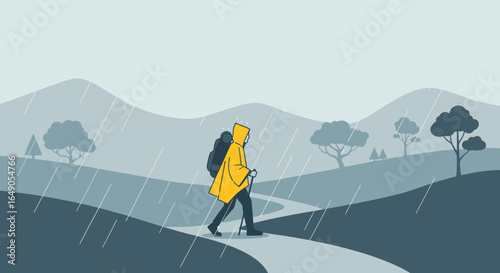 Resilient Hiker Ventures Forth Through Adverse Weather Conditions On Mountain Path