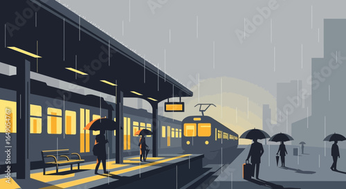 Rainy Commute Urban Scene With Train Passengers Under Umbrellas At Station